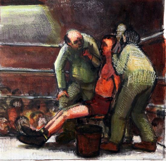 Eric Doitch (1923-2000) Boxer in his corner, 10 x 10.5in.